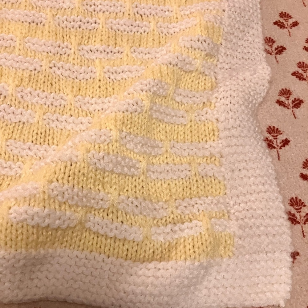 Hand knit pretty throw blanket / baby blanket lemon yellow and white wool blend